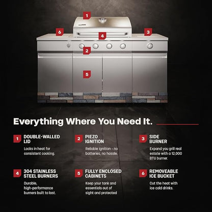 Tytus Fresno 66" 5-Burner Propane or Nat Gas Island Grill, 60K Total BTUs | Pre-assembled for fast install, 864 sq inch cooking area with Side Burner, Storage, Ice Bucket - Stainless Steel / Ash Island