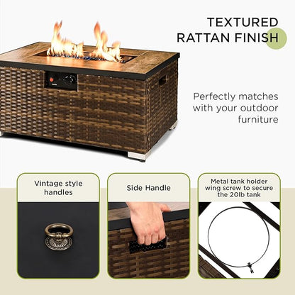 2-Piece Outdoor Propane Fire Pit Table w/Tank Holder, 32inch Handmade Rattan Wicker Firepit Ceramic Tabletop with Steel Lid 40,000 BTU Rectangle Fire Table Set for Patio, Deck, Backyard (Brown)