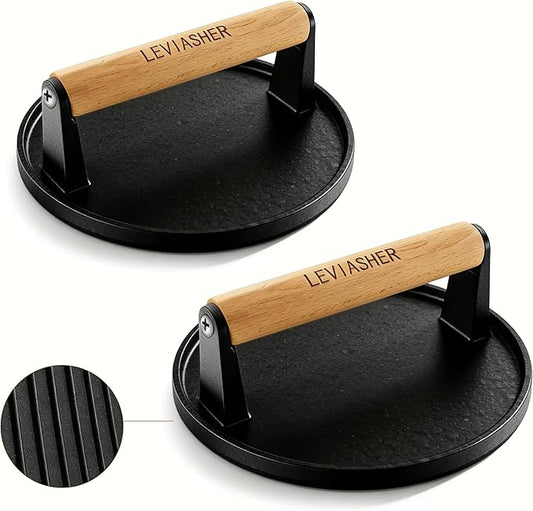 2 Pack 2.3lb Steak Weight & Burger Press, Striped Base, 7" Heavy Duty Cast Iron Grill Press with Wood Handle for Blackstone, Chef, Camp, Panini, Vegetable, Bacon, Sandwich, BBQ