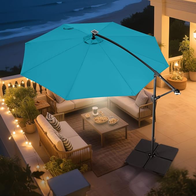 10 ft Solar Patio Umbrella Cantilever with Centre Light, Aqua Blue | 40 LED Lights, UV Protection, Large Offset Patio Umbrella Outdoor for Garden, Deck, Backyard, Pool, Porch, Provides Shade