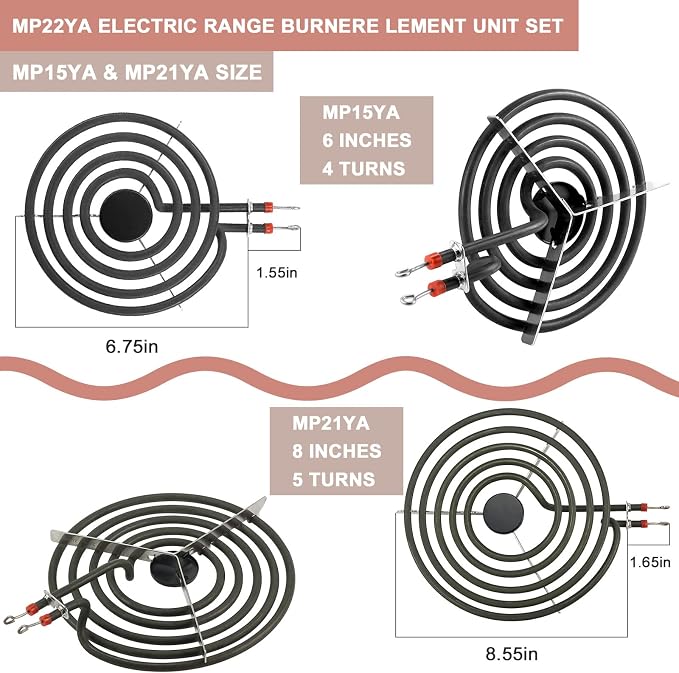 4 Pack Chrome Drip Pans & MP22YA Electric Stoves Burner Elements by Fetechmate, Fit for F-rigidaire Ken-more Electric Stove, Best Value Combo Sets with 25% Thicker Heating Wire for More Stable