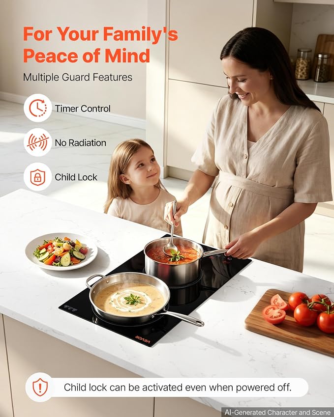 VEVOR Electric Cooktop 12inch 2 Burners Portable Stove Top 1800W 120V, Ceramic Countertop/Built-in Radiant Electric Stove, with 16 Power Levels, Timer, Child Lock, Over-Heat Guard, Touch Control