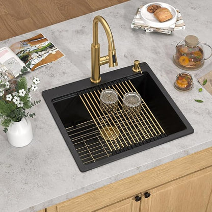 23 Inch Drop In Bar Sink, Matte Black Granite Composite Workstation Single Bowl Small Prep Wet Sink with All-In One Gold Accessories & Cutting Board for RV, Kitchen Bar, and Boat #TLGT-132