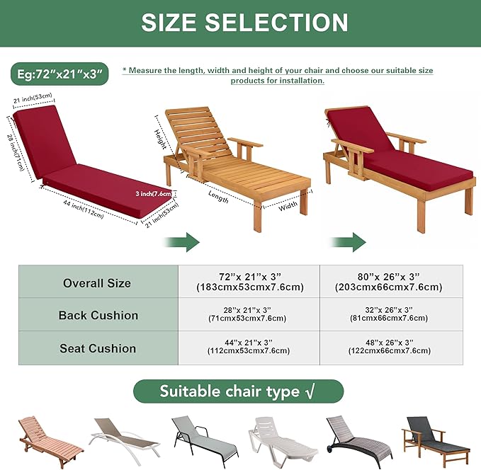 Summsun Chaise Lounge Cushions Outdoor Set of 2 - Waterproof and Fade Resistant Sun Lounger Replacement Cushions - Patio Lounger Pads with Removable Cover for Pool, Deck, Lawn, 72 x 21 x 3 Inch, Red