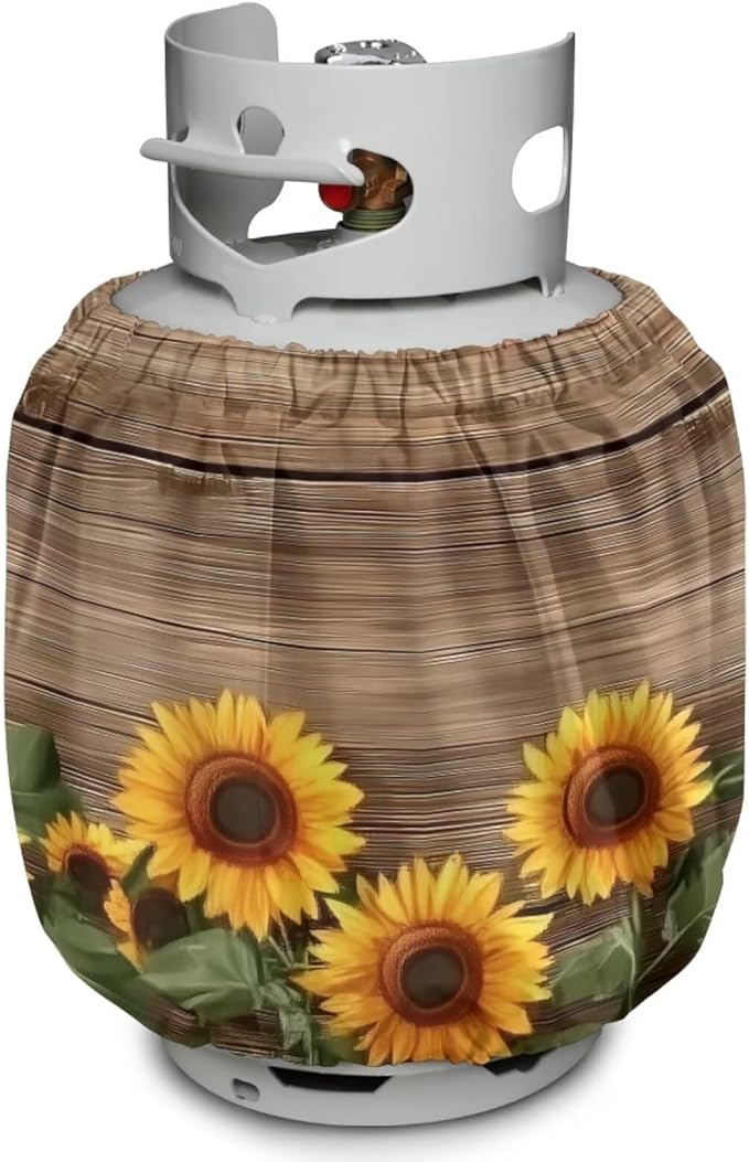 20 lb Dual Propane Tank Cover Protective Propane Tank Blanket for Grill, Travel Trailer RV, and Outdoor Use Windproof Weatherproof Gas Cover Wood Print Sunflower