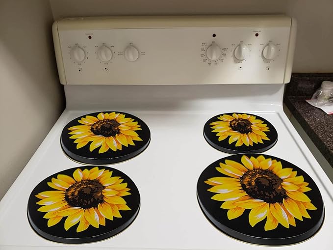 Ritadeshop Burner Covers for Electric Stove (Yellow/Black Sunflower, Round D8/10‘’)