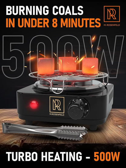 M. ROSENFELD Hookah Coal Burner 500W with Grid - Coal Burner for Hooka Cubes Black Heat Hookah Charcoal Burner Electric for Shisha with Grill & Free Hooka Tongs Hooka Stove - 304 Stainless Steel