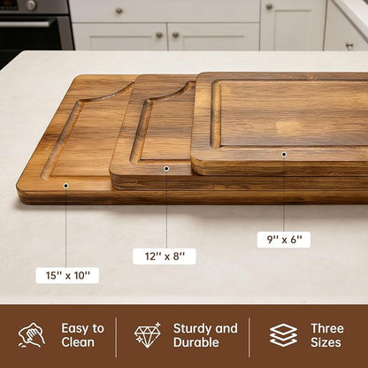 3 Pack Bamboo Cutting Boards Set for Kitchen | Chopping Boards with Deep Juice Groove, Thick Wooden Cutting Board for Meat, Vegetables & BBQ Prep