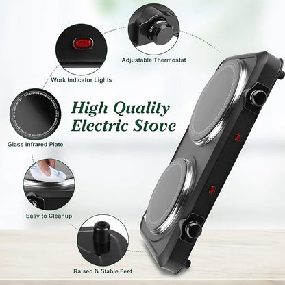 Electric Countertop Double Burner, 1800W Cooktop with Glass Hot Plate, Stepless Temperature Control, Easy to Clean, Indicator Lights, Compatible Cooking Stove for Office Home Camping RV