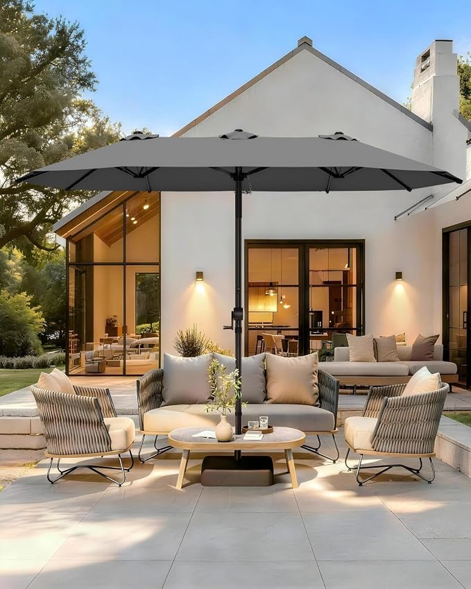 GDPFN 15FT Large Patio Umbrella with Base Included, Outdoor Deck Standing Umbrella with Crank Handle, Double-Side Rectangular Pool Umbrella for Outside, Market, Patio, Dark Gray