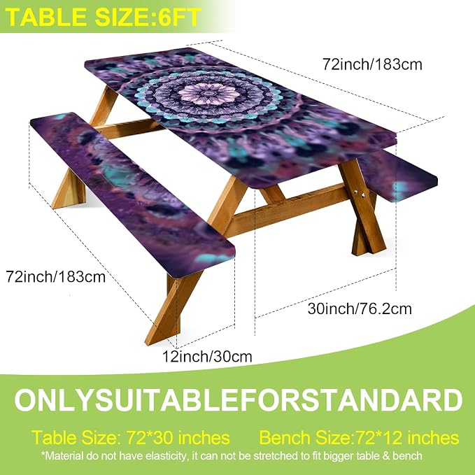 ANNA QUEEN Mandala Picnic Table Cover Set, 6FT Boho Purple Waterproof Tablecloth & Bench Covers 3PCS 72"x30" for Camping Garden Patio Festivals Retreats