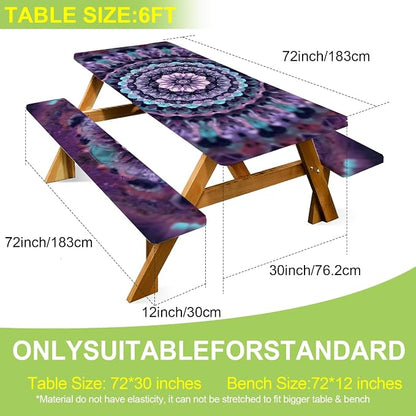 ANNA QUEEN Mandala Picnic Table Cover Set, 6FT Boho Purple Waterproof Tablecloth & Bench Covers 3PCS 72"x30" for Camping Garden Patio Festivals Retreats