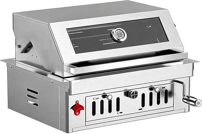 Stainless Steel Built In Grill, Large Charcoal BBQ Grills with Liftable Tray, Visible Insulated Hood & Temp Gauge, 459SQ In Cooking Grid Area for Outdoor Kitchen Cooking Family Parties (Silver)