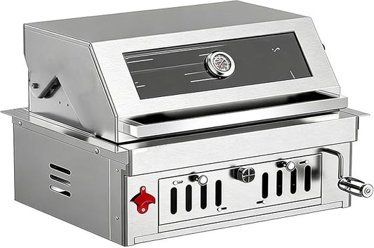 Stainless Steel Built In Grill, Large Charcoal BBQ Grills with Liftable Tray, Visible Insulated Hood & Temp Gauge, 459SQ In Cooking Grid Area for Outdoor Kitchen Cooking Family Parties (Silver)