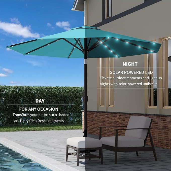 9FT Patio Umbrella with Solar Lights,Outdoor Market Umbrella with Tilt and Crank, LED Lighted Table Umbrella for Garden,Deck,Backyard,Pool,Beach (Peacock Blue)