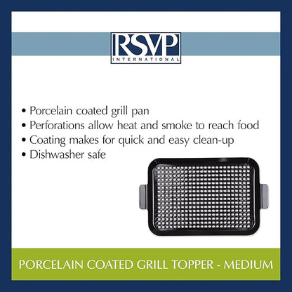 RSVP International Porcelain Coated Steel BBQ Grill Tray/Pan, Outdoor Barbeque Grilling Accessories for Cooking Fish & Vegetables, Dishwasher Safe, Medium, 16.75x10"