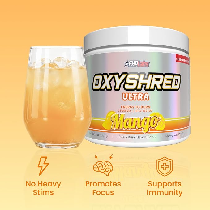 EHP Labs OxyShred Pre Workout Powder - Mango, 33 Servings | Supports Energy, Focus and Endurance with Acetyl L Carnitine and L Glutamine, Thermogenic Formula, Sugar Free, Zero Jitters