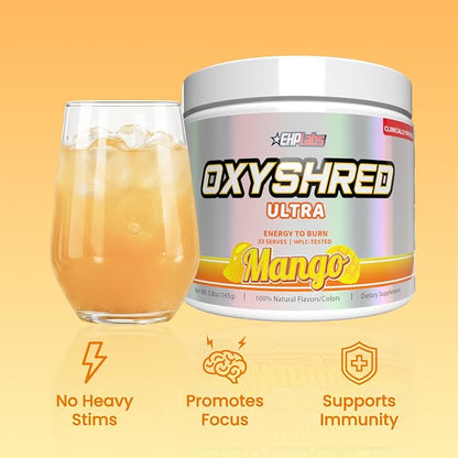 EHP Labs OxyShred Pre Workout Powder - Mango, 33 Servings | Supports Energy, Focus and Endurance with Acetyl L Carnitine and L Glutamine, Thermogenic Formula, Sugar Free, Zero Jitters
