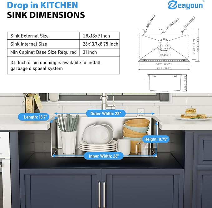 28 Inch Drop In Kitchen Sink 28 x 18 Kitchen Sink 18 Gauge Stainless Steel Single Bowl Topmount Handmade Sink, 28x18x9