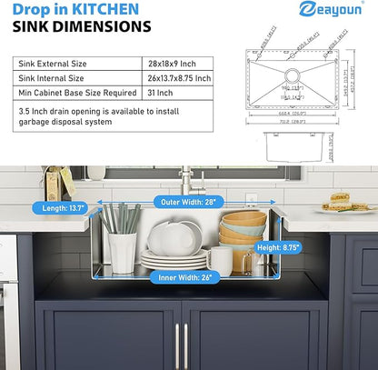 28 Inch Drop In Kitchen Sink 28 x 18 Kitchen Sink 18 Gauge Stainless Steel Single Bowl Topmount Handmade Sink, 28x18x9