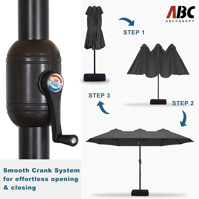 ABCCANOPY 15FT Double-Sided Rectangle Patio Umbrella with Base, Dark Gray | Rectangular Outdoor Table Umbrella with Crank, Heavy Duty Market Umbrella Shade for Garden,Poolside, Lawn, Backyard