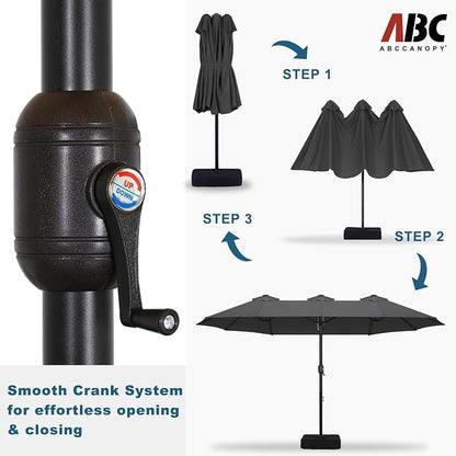 ABCCANOPY 15FT Double-Sided Rectangle Patio Umbrella with Base, Dark Gray | Rectangular Outdoor Table Umbrella with Crank, Heavy Duty Market Umbrella Shade for Garden,Poolside, Lawn, Backyard
