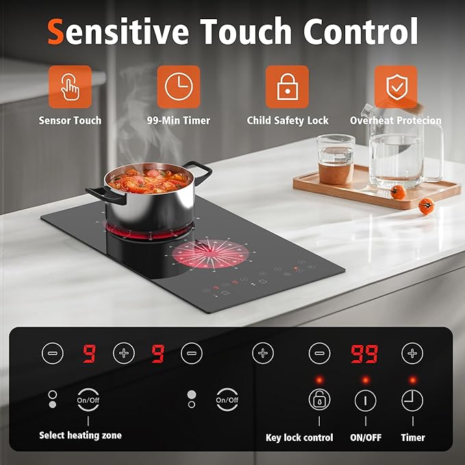 2 Burner Electric Cooktop - 12 Inch Electric Stovetop Built-in & Countertop 2000W, 120V Portable Two Burner Radiant Electrical Cook Top Sensor Touch Control, Timer, Safety Lock, 110V Plug in