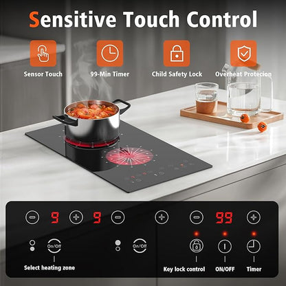 2 Burner Electric Cooktop - 12 Inch Electric Stovetop Built-in & Countertop 2000W, 120V Portable Two Burner Radiant Electrical Cook Top Sensor Touch Control, Timer, Safety Lock, 110V Plug in
