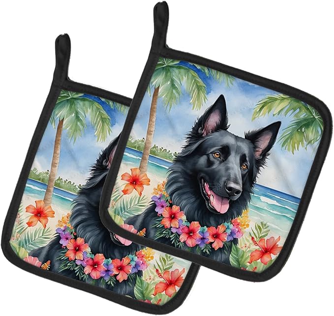 Caroline's Treasures Belgian Sheepdog Luau Pair of Pot Holders Kitchen Heat Resistant Pot Holders Sets Oven Hot Pads for Cooking Baking BBQ, 7 1/2 x 7 1/2