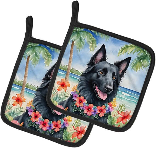 Caroline's Treasures Belgian Sheepdog Luau Pair of Pot Holders Kitchen Heat Resistant Pot Holders Sets Oven Hot Pads for Cooking Baking BBQ, 7 1/2 x 7 1/2