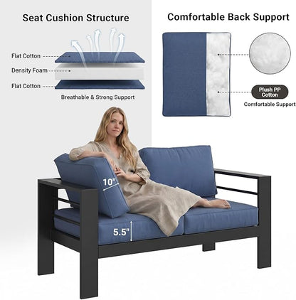 Solaste Aluminum Outdoor Patio Furniture Set, 7 Seats Patio Sectional Sofa with 5" Thick Cushion, Outdoor Patio Set with Coffee Table for Porch, Backyard, Deck, Yard, Blue