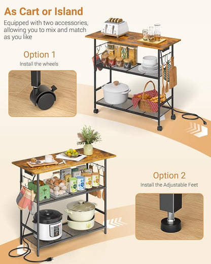 Kitchen Island with Power Outlet, Rolling Kitchen Cart with 6 Hooks and Protective Shelf, Microwave Stand on Lockable Wheels, Bakers Rack Coffee Bar for Dining, Living Room, Outdoor, Metal Frame