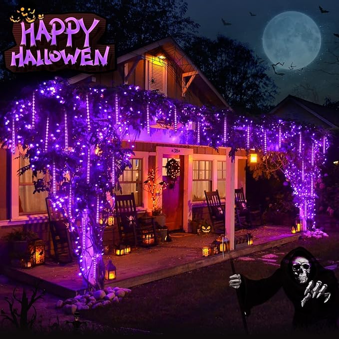 JMEXSUSS 2 Pack Purple Solar Halloween Lights, 16 Tube 288 LED Solar Meteor Shower Rain Lights, Christmas Light Outdoor Waterproof for Tree Halloween Christmas Decorations