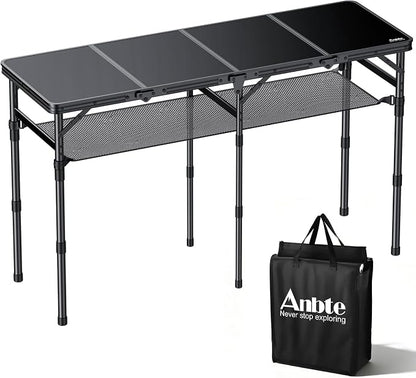 Anbte 4-Fold Camping Table, 46” X 16” Portable Folding Camping Table, Black | 3 Adjustable Height Max 27.5”, with Storage Net, Aluminum Lightweight Folding Table, for Picnic Beach RV Travel Tailgate Camp