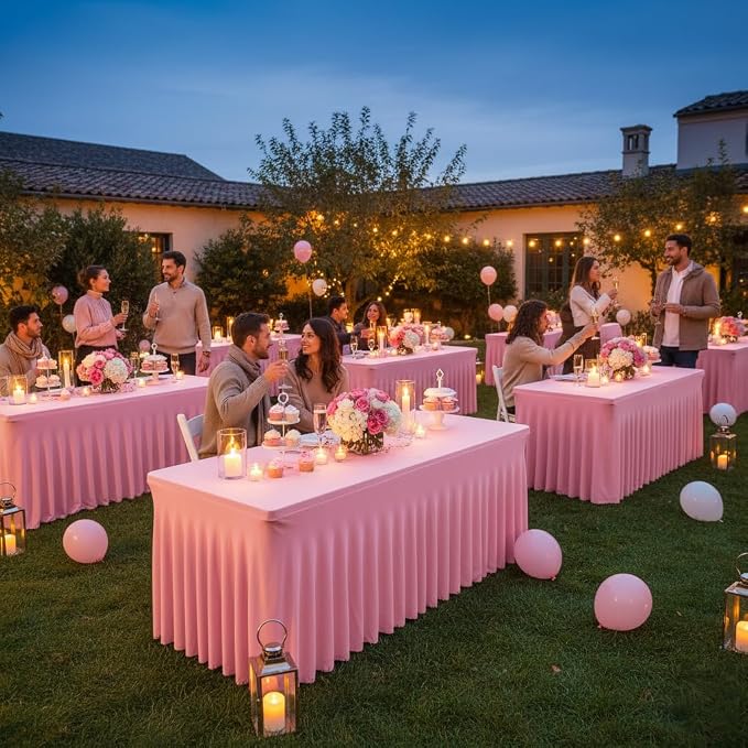 6 Pack Pink Spandex Table Covers 6ft Rectangle Ruffle Skirts for Party | Elastic Table Covers 6 Foot, Pleated Fitted Table Cloths, Wrinkle Resistant Elegant Table Skirts Wedding, Banquets