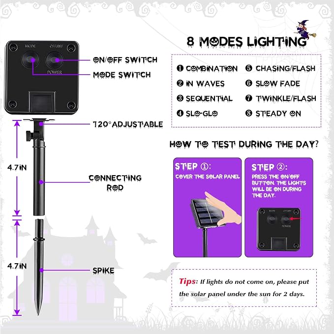 Solar Halloween Lights Outdoor 2 Pack 200 LED String Lights Orange Purple | 8 Lighting Modes, Memory Function, Auto On/Off, 66FT Waterproof Twinkle Lights for Outside Garden Party Tree Horror Decor