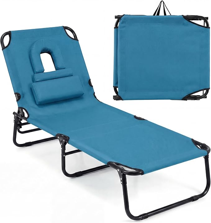 Goplus Tanning Chair, Folding Beach Lounge Chair w/Face Hole, 330LBS Capacity, Removable Pillow, Carry Strap, Adjustable Sunbathing Chair, Patio Chaise Lounger for Outside Lawn Pool Adult