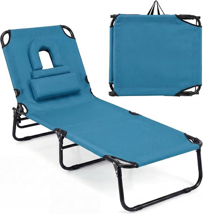 Goplus Tanning Chair, Folding Beach Lounge Chair w/Face Hole, 330LBS Capacity, Removable Pillow, Carry Strap, Adjustable Sunbathing Chair, Patio Chaise Lounger for Outside Lawn Pool Adult