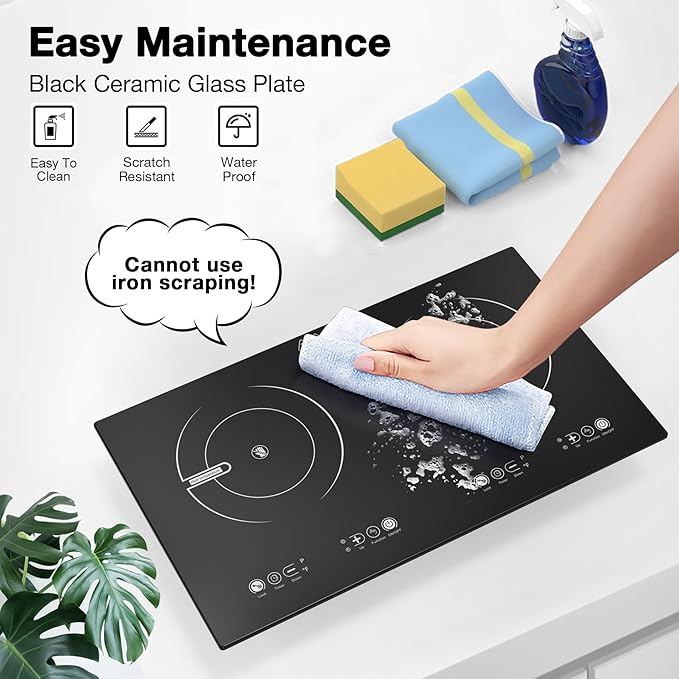 VBGK 2 Burner Electric Cooktop,110V 2400W Electric Stove Top with Touch Control,9 Heating Level,Timer & Kid Safety 2 burner cooktop.