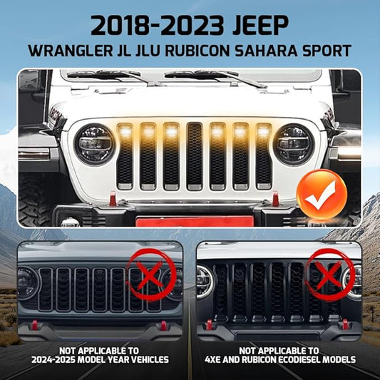 6 in 1 Grill Lights Fit for Jeep Wrangler 2018-2023, IP68 Waterproof Front Bumper Grille Light Daytime Running Light LED Runing Marker Lamp Accessories(Amber)
