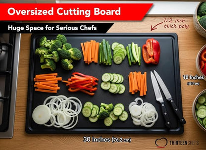 Thirteen Chefs Extra Large 30 x 18 Inch Grooved Cutting Board - Carving Meat, BBQ, Fish, Meat and Game – 1/2 Inch Thick Black HDPE Plastic, 10 pounds