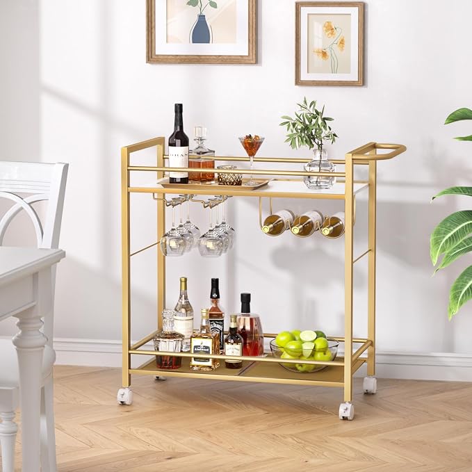 Joaxswe Bar Cart w/Wheels,2 Tier Home Bar Serving Cart,Flowing Gold | Rolling Beverage Cart w/ Wine Rack and Glass Holder,Modern Wine Cart w/ Storage Shelves for Kitchen, Living Room,Dinning Room
