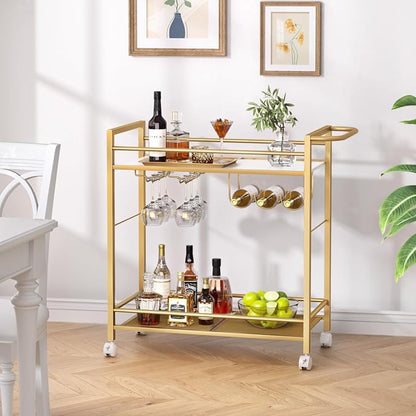 Joaxswe Bar Cart w/Wheels,2 Tier Home Bar Serving Cart,Flowing Gold | Rolling Beverage Cart w/ Wine Rack and Glass Holder,Modern Wine Cart w/ Storage Shelves for Kitchen, Living Room,Dinning Room