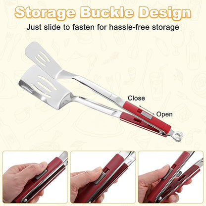 M METERXITY Spatula Tongs, 13.4 Inch 304 Stainless Steel Anti-Scald Extended Multifunctional Flipper Grill Clamp for Cooking/Barbecue, Kitchen Cooking Tongs [Red Handle, Silver Tone]