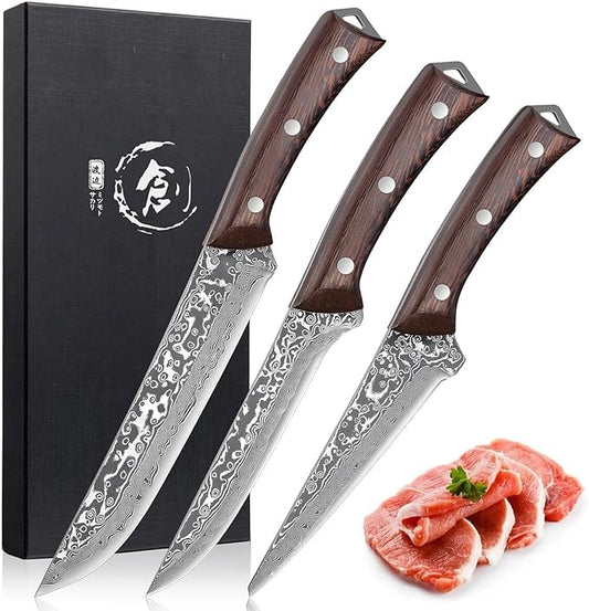 PURPLEBIRD Japanese Chef Knife Set of 3, Razor Sharp Kitchen Knife Set, Japanese Full Tang Meat Knives with Wood Handle for Trimming and Carving Poultry Chicken, Ideal Gifts for Men