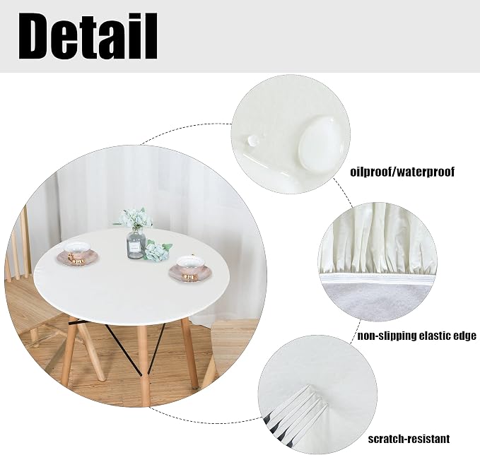 LUSHVIDA Round Waterproof Table Cover Elastic Vinyl Fitted Tablecloth Elastic Edged Plastic Table Cloth (Ivory, Best for Up to 45"-56" Round)