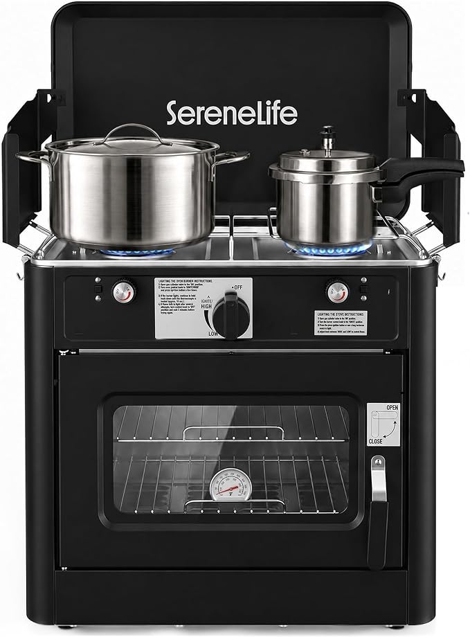 Camping Oven 3 in 1 Stove Oven Combo, Outdoor Camp Oven with 2 Burner Cooking, Piezo Ignition and Temperature Control, Compact RV for Camping and Tailgating