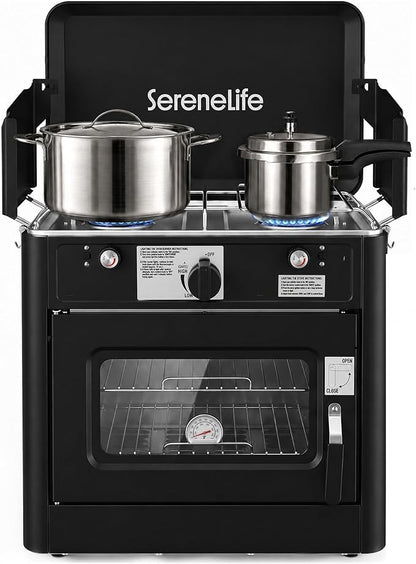 Camping Oven 3 in 1 Stove Oven Combo, Outdoor Camp Oven with 2 Burner Cooking, Piezo Ignition and Temperature Control, Compact RV for Camping and Tailgating