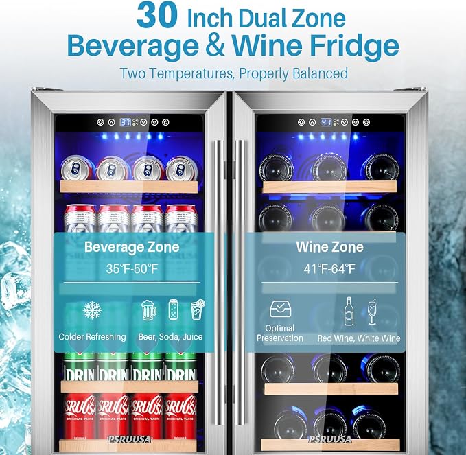 30 Inch Wine and Beverage Refrigerator Dual Zone Wine Fridge Beverage Cooler with Glass Door, Large Capacity Holds 110 Cans and 30 Bottles Built In or Freestanding for Home Bar, Kitchen