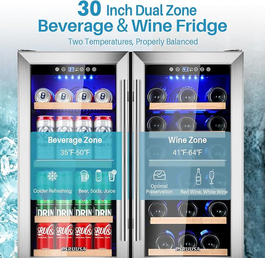 30 Inch Wine and Beverage Refrigerator Dual Zone Wine Fridge Beverage Cooler with Glass Door, Large Capacity Holds 110 Cans and 30 Bottles Built In or Freestanding for Home Bar, Kitchen